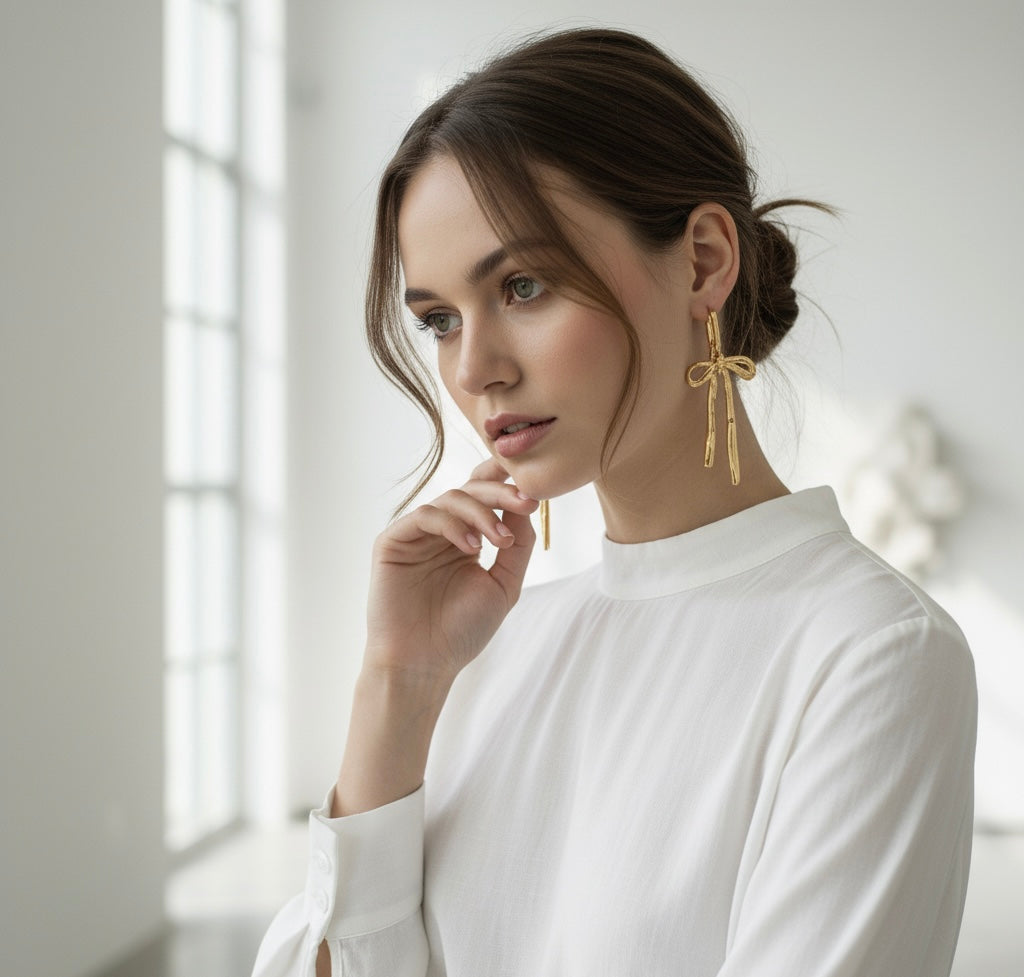 Gold Bow Drop Earrings