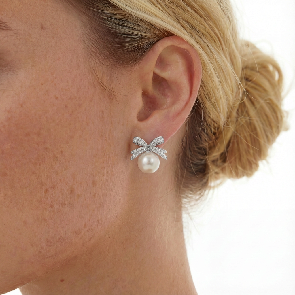 Elegant Bow & Pearl Stud Earrings