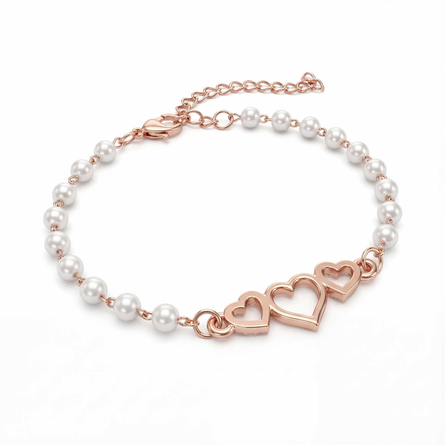 Rose Gold Triple Heart Pearl Bracelet
