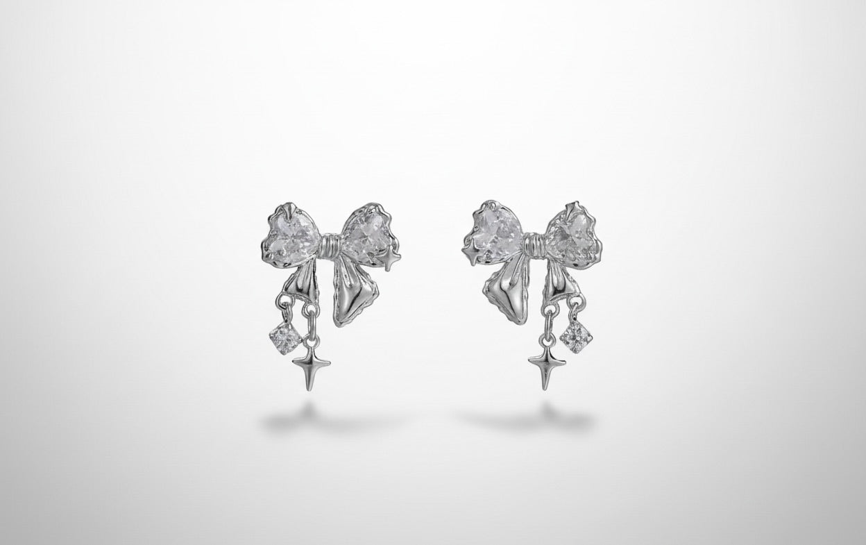 Silver Crystal Bow Earrings