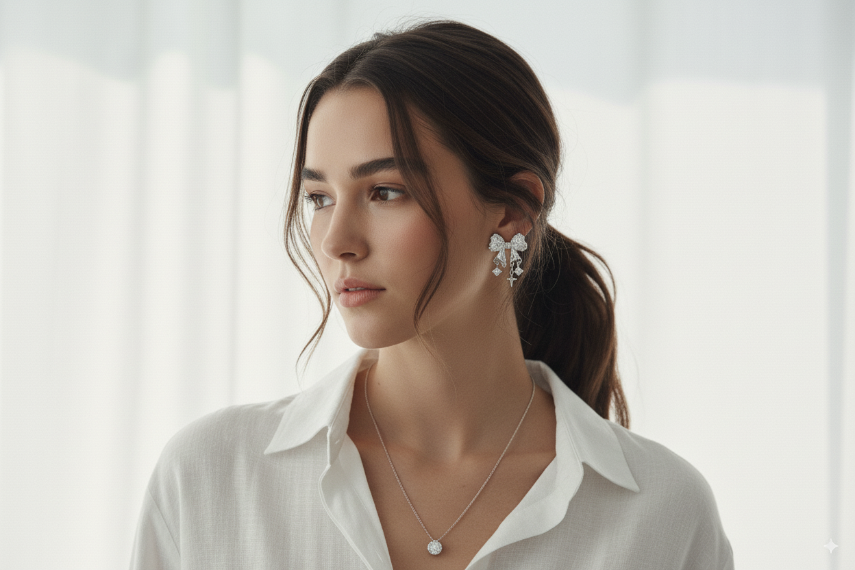 Silver Crystal Bow Earrings