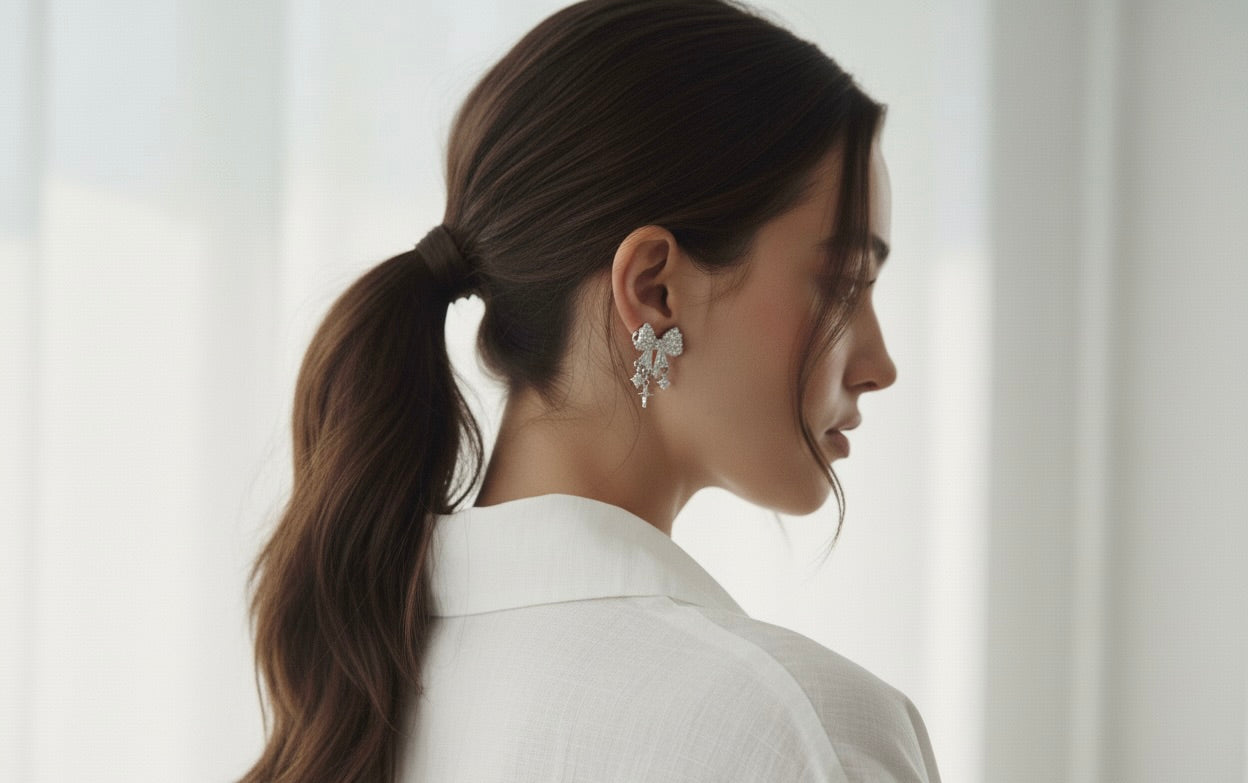 Silver Crystal Bow Earrings