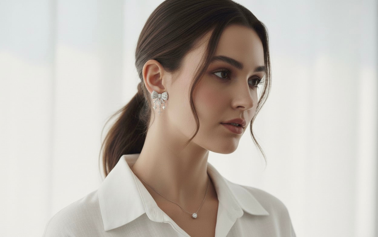 Silver Crystal Bow Earrings