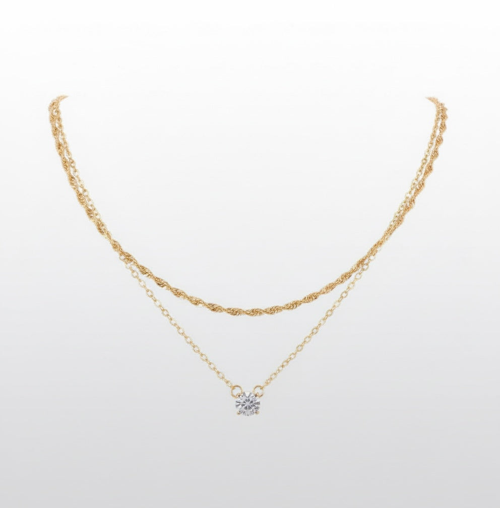 Layered Gold Necklace with Crystal Pendant