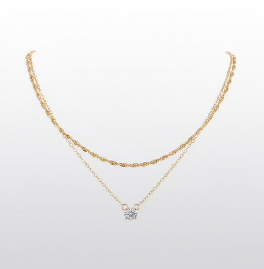 Layered Gold Necklace with Crystal Pendant