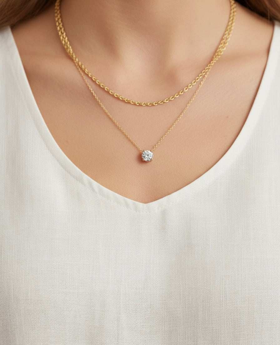 Layered Gold Necklace with Crystal Pendant