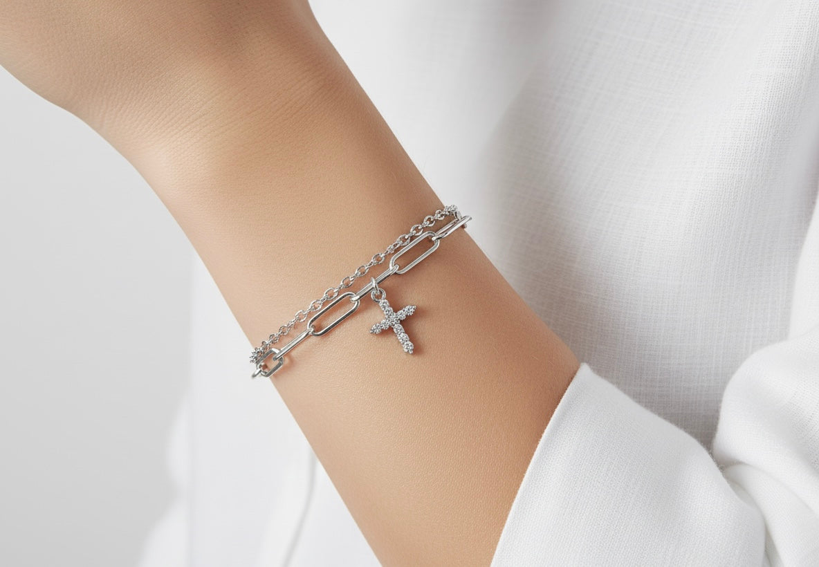 Silver Chain Cross Charm Bracelet