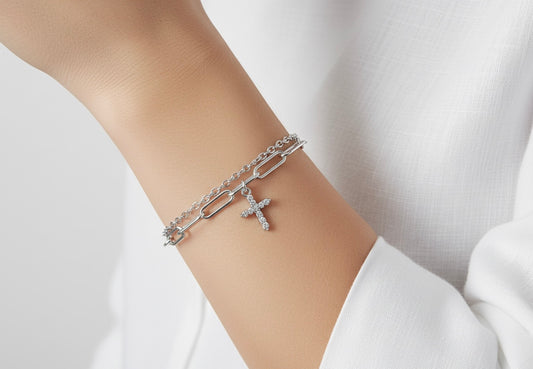 Silver Chain Cross Charm Bracelet