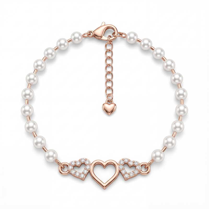 Rose Gold Triple Heart Pearl Bracelet